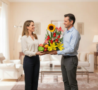 Hombre y mujer de pie en una sala de estar moderna mientras sostienen juntos una canasta con flores de colores y frutas variadas