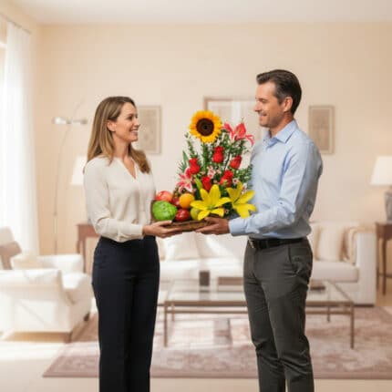 Hombre y mujer de pie en una sala de estar moderna mientras sostienen juntos una canasta con flores de colores y frutas variadas