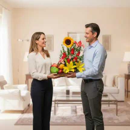 Hombre y mujer de pie en una sala de estar moderna mientras sostienen juntos una canasta con flores de colores y frutas variadas