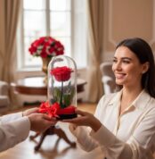 Mujer sonriente recibe una rosa roja preservada dentro de una cúpula de cristal con lazo rojo, en una sala elegante y luminosa