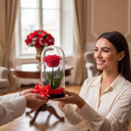 Mujer sonriente recibe una rosa roja preservada dentro de una cúpula de cristal con lazo rojo, en una sala elegante y luminosa