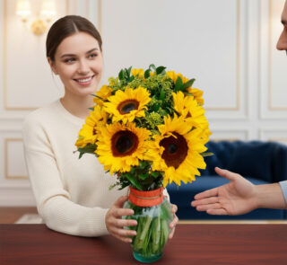 Mujer sonriendo mientras recibe un ramo de girasoles amarillos en un jarrón de cristal sobre una mesa de madera en interior elegante