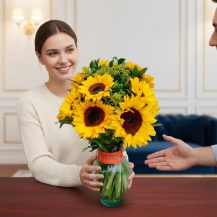 Mujer sonriendo mientras recibe un ramo de girasoles amarillos en un jarrón de cristal sobre una mesa de madera en interior elegante