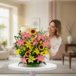 Mujer sonriendo mientras acomoda un arreglo floral con girasoles y lirios rosados y amarillos sobre una mesa blanca en una sala de estar luminosa