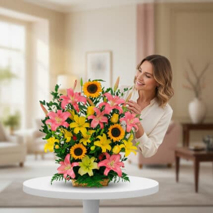 Mujer sonriendo mientras acomoda un arreglo floral con girasoles y lirios rosados y amarillos sobre una mesa blanca en una sala de estar luminosa