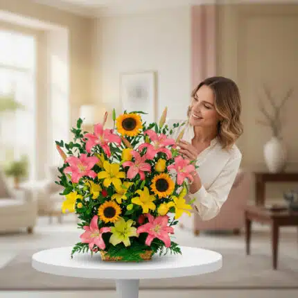 Mujer sonriendo mientras acomoda un arreglo floral con girasoles y lirios rosados y amarillos sobre una mesa blanca en una sala de estar luminosa