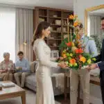 Mujer con vestido crema recibe un gran arreglo de frutas y flores de colores en una sala de estar moderna, mientras dos personas sentadas en el sofá observan la escena