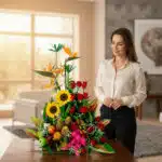 Mujer observando un arreglo floral con girasoles, rosas rojas, aves del paraíso y frutas sobre una mesa de madera en una sala iluminada