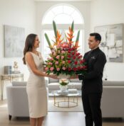 Mujer y repartidor sostienen un gran arreglo floral con rosas y aves del paraíso en una sala de estar luminosa y moderna