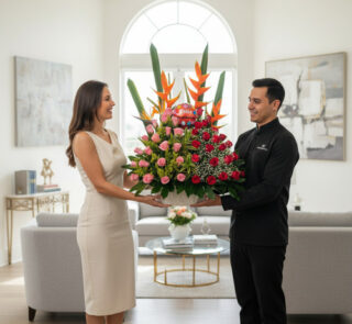 Mujer y repartidor sostienen un gran arreglo floral con rosas y aves del paraíso en una sala de estar luminosa y moderna