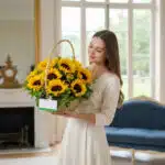 Mujer joven con vestido blanco sosteniendo una canasta de mimbre llena de girasoles amarillos en un salón elegante con sofá azul y grandes ventanales al fondo