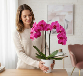 Mujer joven con suéter beige sosteniendo una orquídea phalaenopsis de flores rosas en una maceta blanca sobre una mesa de madera en un salón luminoso