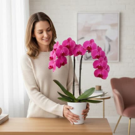 Mujer joven con suéter beige sosteniendo una orquídea phalaenopsis de flores rosas en una maceta blanca sobre una mesa de madera en un salón luminoso