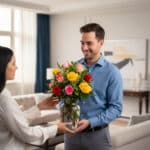 Hombre sonriente con camisa azul recibe de una mujer un ramo de rosas rojas, amarillas y rosas en jarrón de vidrio dentro de una sala de estar luminosa