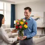 Hombre sonriente con camisa azul recibe de una mujer un ramo de rosas rojas, amarillas y rosas en jarrón de vidrio dentro de una sala de estar luminosa