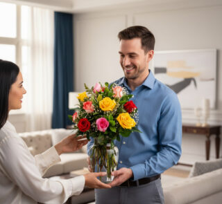 Hombre sonriente con camisa azul recibe de una mujer un ramo de rosas rojas, amarillas y rosas en jarrón de vidrio dentro de una sala de estar luminosa