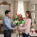 Hombre entregando a una mujer un ramo de rosas rojas en un florero de cristal dentro de una sala elegante, con peluche blanco y velas al fondo