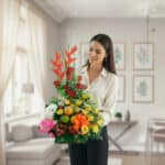 Mujer joven de pie en una sala luminosa sosteniendo un arreglo de flores tropicales naranjas y rojas combinado con frutas variadas y un peluche blanco sobre una base verde