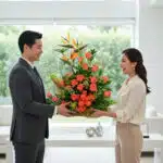 Hombre con traje gris y mujer con blusa blanca sostienen juntos un gran arreglo de flores naranjas en una sala de estar luminosa