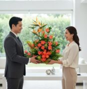 Hombre con traje gris y mujer con blusa blanca sostienen juntos un gran arreglo de flores naranjas en una sala de estar luminosa