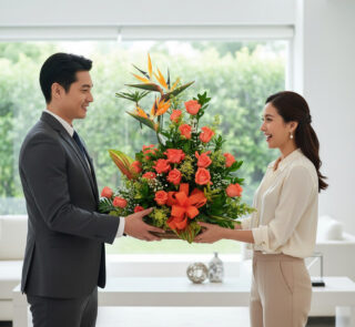 Hombre con traje gris y mujer con blusa blanca sostienen juntos un gran arreglo de flores naranjas en una sala de estar luminosa