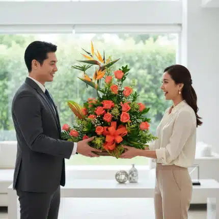 Hombre con traje gris y mujer con blusa blanca sostienen juntos un gran arreglo de flores naranjas en una sala de estar luminosa