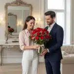 Hombre con traje azul entregando a una mujer un gran ramo de rosas rojas en un jarrón de cristal dentro de un salón clásico y luminoso
