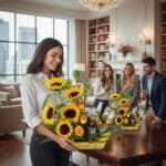 Mujer joven llevando un centro de mesa con girasoles y botellas de cerveza mientras tres personas sonríen en una sala moderna y luminosa