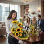Mujer joven llevando un centro de mesa con girasoles y botellas de cerveza mientras tres personas sonríen en una sala moderna y luminosa
