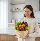 Mujer joven con suéter beige sosteniendo una canasta de mimbre llena de frutas variadas como manzanas, naranjas, uvas y kiwis en una cocina moderna