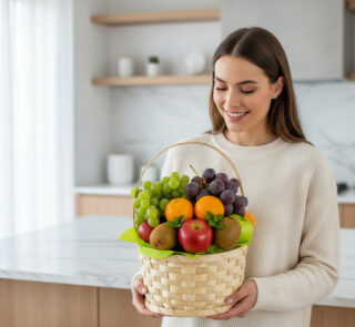Mujer joven con suéter beige sosteniendo una canasta de mimbre llena de frutas variadas como manzanas, naranjas, uvas y kiwis en una cocina moderna