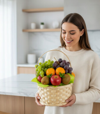 Mujer joven con suéter beige sosteniendo una canasta de mimbre llena de frutas variadas como manzanas, naranjas, uvas y kiwis en una cocina moderna