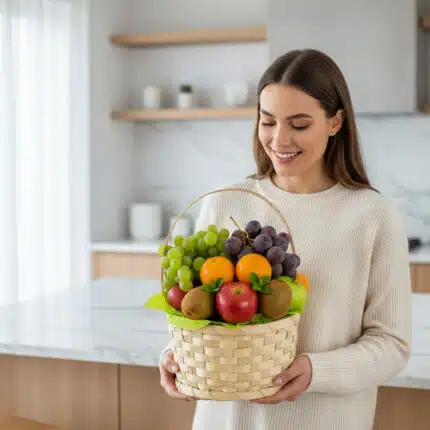 Mujer joven con suéter beige sosteniendo una canasta de mimbre llena de frutas variadas como manzanas, naranjas, uvas y kiwis en una cocina moderna