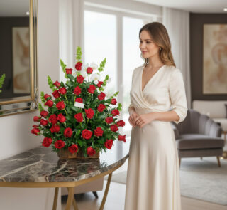 Mujer con vestido largo color crema de pie junto a un gran arreglo floral de rosas rojas sobre una mesa de mármol en una sala de estar luminosa