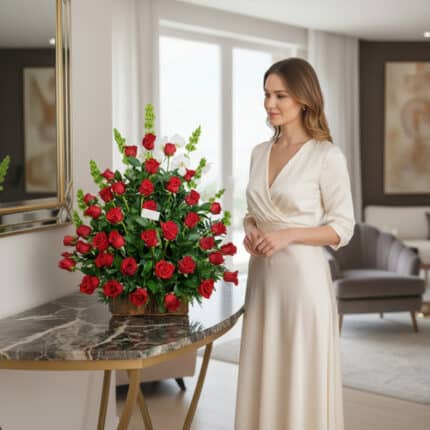 Mujer con vestido largo color crema de pie junto a un gran arreglo floral de rosas rojas sobre una mesa de mármol en una sala de estar luminosa