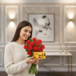 Mujer sonriente con suéter beige sosteniendo un ramo de rosas rojas y una caja de bombones dorados en una sala elegante desenfocada