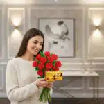 Mujer sonriente con suéter beige sosteniendo un ramo de rosas rojas y una caja de bombones dorados en una sala elegante desenfocada