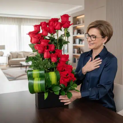 Mujer de mediana edad con blusa azul y gafas sonriendo mientras observa un arreglo de rosas rojas en una base negra sobre una mesa, en una sala de estar luminosa y moderna