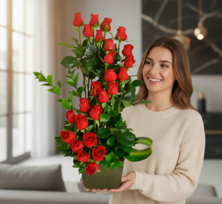 Mujer joven sonriendo y sosteniendo un arreglo alto de rosas rojas con hojas verdes en una maceta verde dentro de una sala moderna