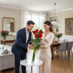 Hombre con traje azul y mujer con vestido beige colocando un ramo de rosas rojas en un jarrón de cristal sobre una mesa redonda en un salón luminoso y moderno