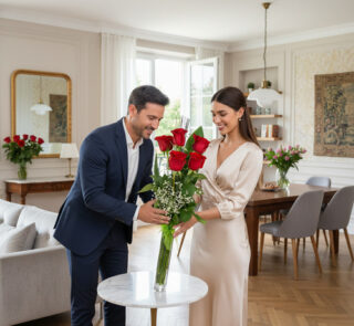 Hombre con traje azul y mujer con vestido beige colocando un ramo de rosas rojas en un jarrón de cristal sobre una mesa redonda en un salón luminoso y moderno