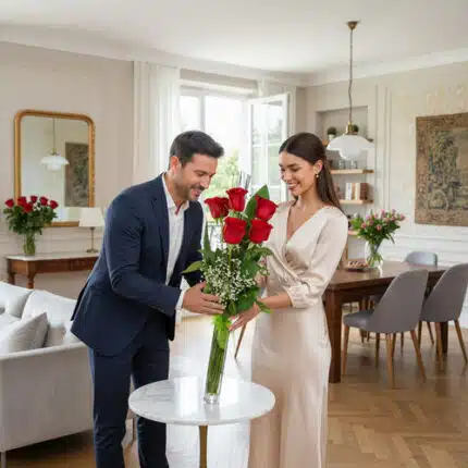 Hombre con traje azul y mujer con vestido beige colocando un ramo de rosas rojas en un jarrón de cristal sobre una mesa redonda en un salón luminoso y moderno