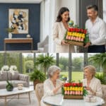 Dos escenas en interior luminoso donde una pareja joven y dos mujeres mayores comparten un arreglo floral rectangular con tulipanes rojos, amarillos y rosados sobre una base de madera