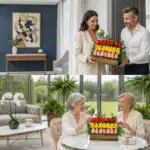 Dos escenas en interior luminoso donde una pareja joven y dos mujeres mayores comparten un arreglo floral rectangular con tulipanes rojos, amarillos y rosados sobre una base de madera