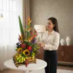 Mujer joven de camisa beige y pantalón negro acomodando un arreglo floral tropical con girasoles, aves del paraíso y frutas como plátanos y uvas sobre una mesa redonda blanca en una sala elegante