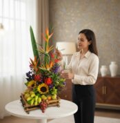 Mujer joven de camisa beige y pantalón negro acomodando un arreglo floral tropical con girasoles, aves del paraíso y frutas como plátanos y uvas sobre una mesa redonda blanca en una sala elegante