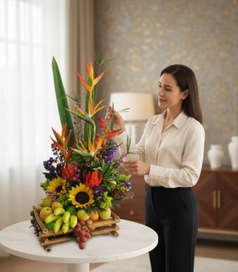 Mujer joven de camisa beige y pantalón negro acomodando un arreglo floral tropical con girasoles, aves del paraíso y frutas como plátanos y uvas sobre una mesa redonda blanca en una sala elegante