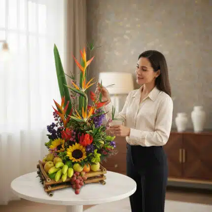 Mujer joven de camisa beige y pantalón negro acomodando un arreglo floral tropical con girasoles, aves del paraíso y frutas como plátanos y uvas sobre una mesa redonda blanca en una sala elegante