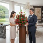 Hombre con traje azul y mujer con vestido claro sostienen un gran arreglo de rosas rojas sobre una mesa alta en una sala moderna y luminosa
