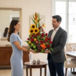Hombre y mujer de pie en una sala elegante sosteniendo juntos un gran arreglo floral con girasoles, rosas rojas y frutas sobre una mesa pequeña